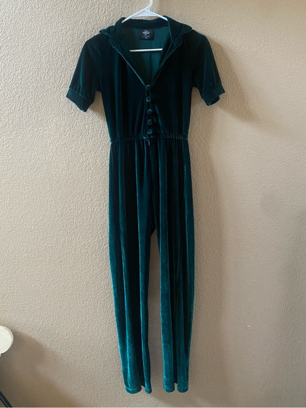 Velvet Emerald Green Short-Sleeve Button-Front Jumpsuit